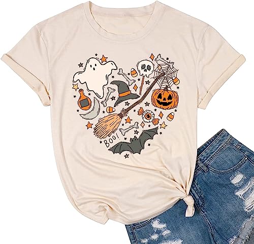 Halloween Doodles Shirt für Frauen Niedlich Vintage Grafik Halloween Party T-Shirt Kurzarm Herbst Saison Tees, Beige, X-Groß von FCHICH