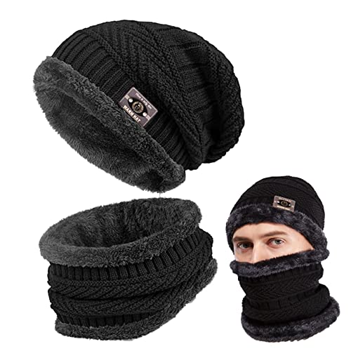 FCHITOP Herren Wintermütze Strickmütze mit Schal 2 Stück Skimütze Outdoor und Set Warme Beanie Mütze Winter Set mit Fleecefutter für Ski von FCHITOP