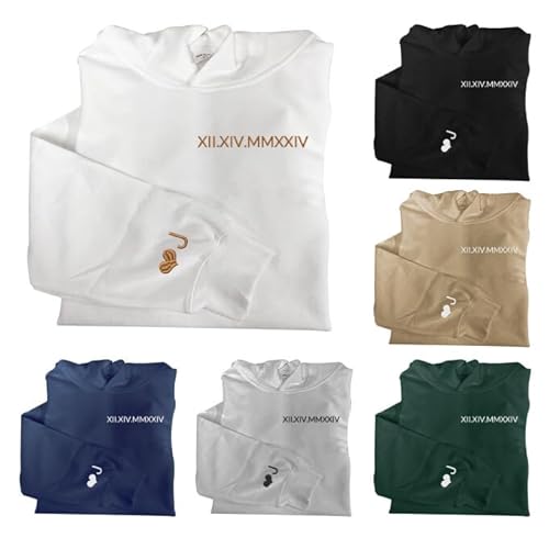 FCLYDER Individuell Bestickte Hoodies für Paare – Personalisiert mit Namen & Datum in Römischen Zahlen(Geburtstag, Hochzeitstag, Valentinstag) – Matching Couple Sweatshirts von FCLYDER