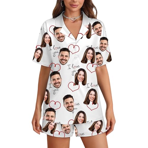 FCLYDER Personalisierte Pyjama Set, Personalisiert Foto PJs für Frauen Männer, Individueller Kurzer Pyjama, Individueller Gesichts Pyjama von FCLYDER