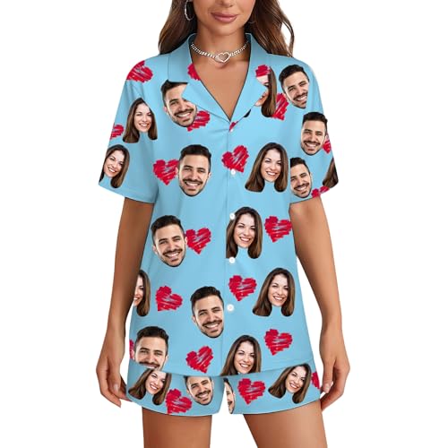 FCLYDER Personalisierte Pyjama Set, Personalisiert Foto PJs für Frauen Männer, Individueller Kurzer Pyjama, Individueller Gesichts Pyjama von FCLYDER