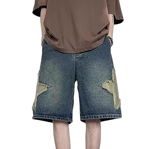FCOOLYEET Herren Denim Shorts Y2k Baggy Star Jorts Jeans Loose Fit Patchwork Jeans Shorts Y2k Streetwear, Blau, X-Small von FCOOLYEET