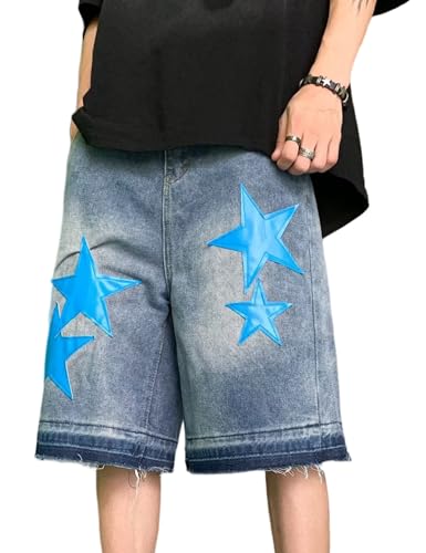 FCOOLYEET Herren Denim Shorts Y2k Baggy Star Jorts Jeans Loose Fit Patchwork Jeans Shorts Y2k Streetwear, Bluestar-blau, Small von FCOOLYEET
