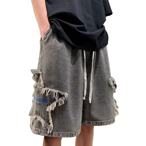 FCOOLYEET Herren Y2k Baggy Jorts Grunge Denim Shorts Hip Hop Star Shorts Jorts Patchwork Jeans Shorts Streetwear, GRAU, X-Large von FCOOLYEET