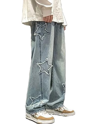 FCOOLYEET Herren Y2k Jeans Hip Hop Baggy Star Denim Hose Straight Leg Demin Jogger Harajuku Grafik Jeans Streetwear, A1-Blau, Groß von FCOOLYEET