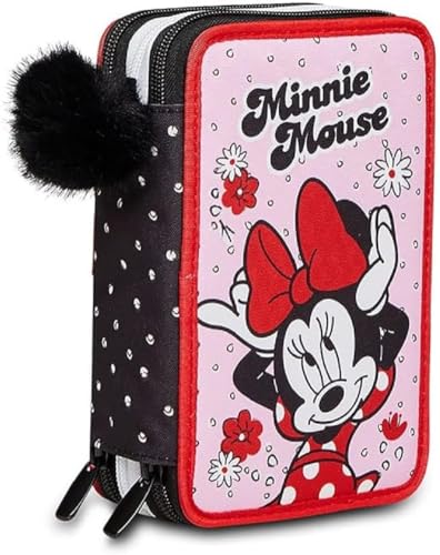 FCP Federmäppchen für Schule, Minnie Maus, 3 Etagen, Reißverschluss, mit Punkten, inklusive Schlüsselanhänger und farbigem Stift, mehrfarbig, standard, etui von FCP