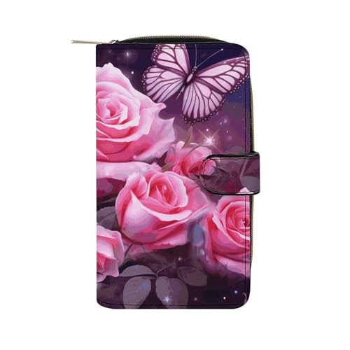 FCTVSKLN Geldbörse für Männer Brieftasche Kartenhalter Reißverschluss Rose und Schmetterlinge bedruckte Brieftasche mehrere Kreditkartenhalter Brieftasche für Männer Frauen, Stil, 19.7 * 11 * 3.5cm von FCTVSKLN