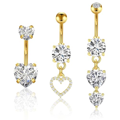 FCXQG 3Pcs Bauchnabelpiercing Gold 10mm Bauchnabelpiercing Chirurgenstahl Gold Set Piercing Bauchnabel Herz AnhäNger Bauchnabel Schmuck Für Damen von FCXQG