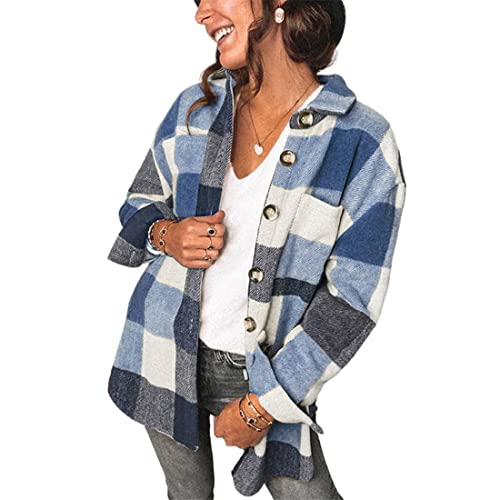 Damenmode Revers Plaid Shirts Casual Langarm Button Down Loose Fit Mid-Long Boyfriend Shirts, blau, XX-Large Plus von FCYOSO