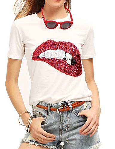 Lustige T-Shirts für Damen, Pailletten, glitzernd, Lippen, niedliche Stickerei-Tops, weiß, Large von FCYOSO