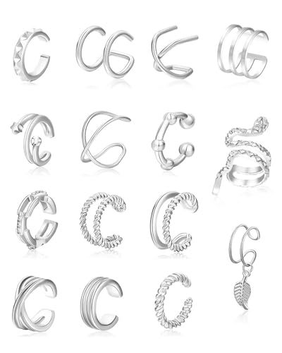FDCGAS 15 Pcs Ohrringe ohne ohrloch,Silber Ear Cuff Set Damen Ohrmanschette Ohrringe Earcuffs Set Helix Knorpel Ohrmanschette Ohne Ohrloch Wickelohrring Fakepircings Ohr Cuffs Ohrklemme von FDCGAS