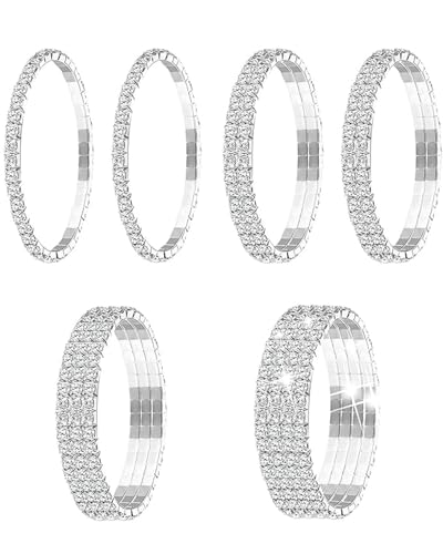 FDCGAS 6 Stücke Strass Stretch Armband bracelet damen ärmelhalter damen Tennis Armreif Silber Stapelbar Strass Armband Hochzeit Schmuck für Frauen Braut Mädchen von FDCGAS