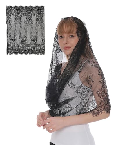 FDCGAS Schwarzer Spitzenschleier,1 pcs schleier lang,Spitze Kapelle Schal Stola Kopfbedeckung Damen Mantilla Schleier Elegant und schönSpitze Schwarz Für Massenhochzeits von FDCGAS