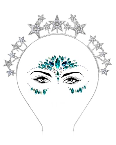 FDCGAS Sterne Haarreif Silber Sterne Stirnband glitzer haarreifen Strass Haarband Gesichtstattoo Karneval Fasching Halloween Geburtstag Party Kostüm Haarreifen Glitzer Haarschmuck für Damen Mädchen von FDCGAS