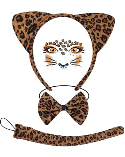 FDCGAS leoparden kostüm Set Tier Leopard Stirnband Fliege Gesichtsaufkleber,damen kostüm,Ohren Stirnband Set Schwanz Fliege Tier Set Leopard Ohren Stirnband für Kostüm Party Dekoration Zubehör von FDCGAS