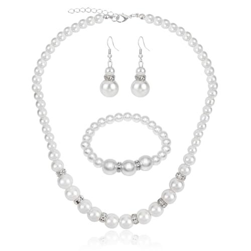 FDCGAS perlenkette,Perlen Schmuck Set Nachgemachte Perlenkette Kirsch Armband Ohrstecker Damen Halskette Runde Zuchtkette Statement Perlenarmband Perlen Ohrringen für Hochzeit Events Party von FDCGAS