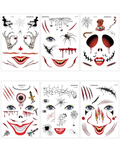 FDCGAS steampunk tattoo gesicht,6 Bogen Gesichtstattoo Pantomime Temporäre Tattoos, Face Tattoo Pantomime Clown Gesichtstattoo Karneval, Halloween Fasching Aufkleber Gesicht für Pantomime Kostüm von FDCGAS