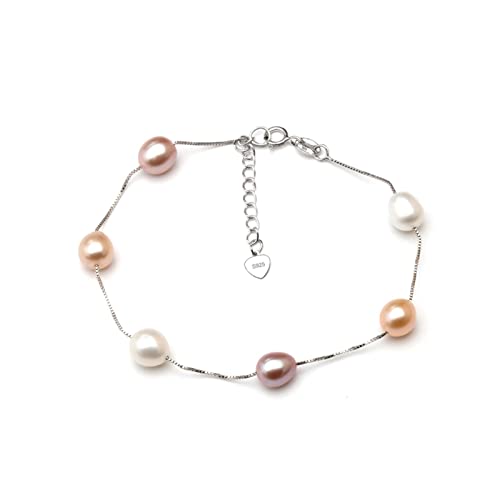 Armbänder Echtes natürliches Perlenarmband for Frauen, Süßwasserperlen-Kettenglied-Armband, Schmuck, Hochzeit, 925er Silber, Charms-Armband, Geschenk (Color: White Color) (Color : Pink_Muilt color) von FDCHZQ