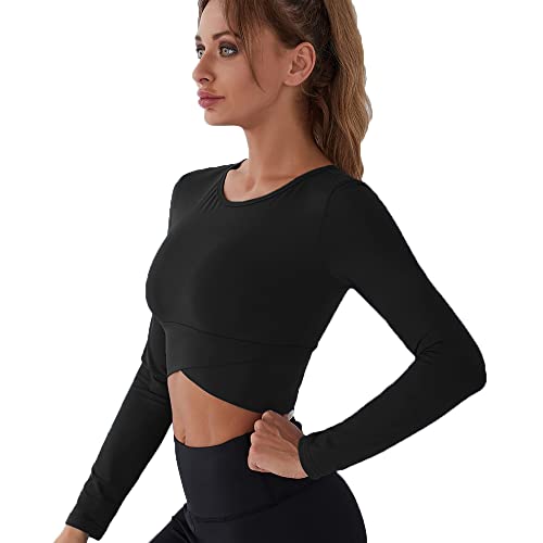 Damen Crop Shirt Cut Outs Casual Tops Sexy Sport Oberteil Bauchfrei Langarmshirts Rundhals Schnelle Trockene Sporttop von FDEETY