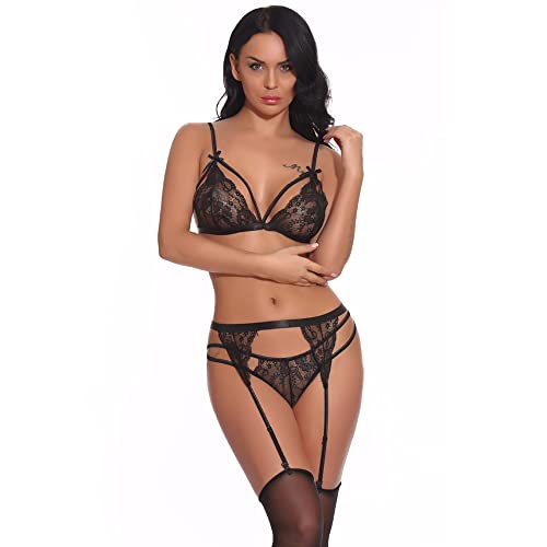 Damen Erotic Spitzen Dessous Set Unterwäsche Flirty Lingerie Sexy Babydoll Dessous mit BH G-String Strumpfhalter Strümpfe 4 Stücke, Schwarz S von FDEETY