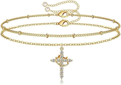 FDEETY 18K Gold Mini Kreuz Armband Edelstahlkette Kupfer mit Zirkonia Umweltfreundliches Kupfer Micro Zirkonia Kreuz Armband Empfohlenes Geschenk Sehr Low Profile von FDEETY