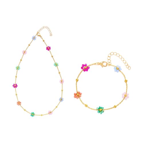 FDEETY 2 Stück Damen Schmuck Set Vintage Bunte Blume Perlen Halskette mit Girly Blume Armband Frisch und Süß Stil（Buntes） von FDEETY