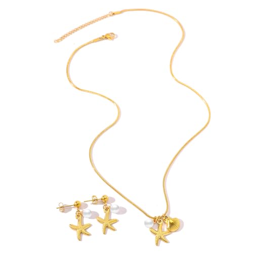 FDEETY 2 Stück Damenschmuck Set Edelstahl Damen Seestern Muschel Anhänger Halskette Ohrringe Set Stilvolles Design Premium Textur für Jeden Tag Urlaub（Gold） von FDEETY