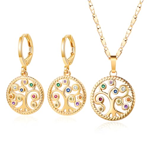FDEETY Lebensbaum Schmuckset Ohrringe Halskette Damen Goldfarben Rund Anhänger Mehrfarbig Kristall Kette Creolen Elegante Schmuck von FDEETY
