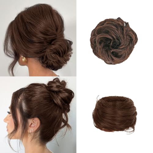 FDEETY 2 Stück Haarteile für Damen Haarteil Mit Gummiband Dutt Haarteil Haargummi Mit Haaren Gelockt Synthetisch Haarverlängerung Haardutt(Hellbraun) von FDEETY