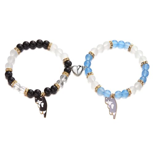 FDEETY 2 Stück Pärchen Armband Partnerarmbänder Magnetische Herzförmige Katze Anhänger Partner Armbänder Perlen Freundschaftsarmbänder Blau + Schwarz von FDEETY