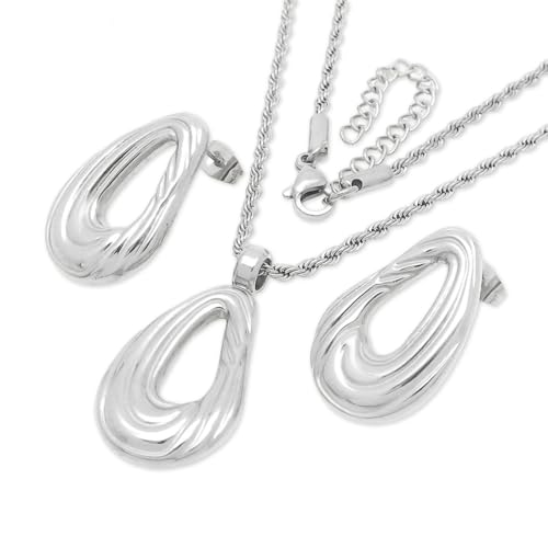 FDEETY 2 Stück Tropfenform Ohrringe Halskette Set Schmuckset Edelstahl Anhänger Kette Damen Schmuck Elegant Wasserwelle Design von FDEETY