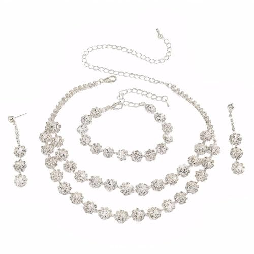 FDEETY Brautschmuck Set Elegant Kristall Schmuckset Doppelreihige Halskette Ohrringe Armband Brautschmuck Hochzeit Abendkleid Accessoires Damen Jubiläum von FDEETY