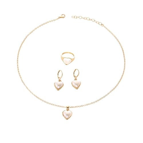 FDEETY 3 Stück Herzförmiger Schmuckset Perlmutt Halskette Ohrringe Ring Damen Schmuck Elegante Juwelenkollektion Hochzeitsschmuck von FDEETY