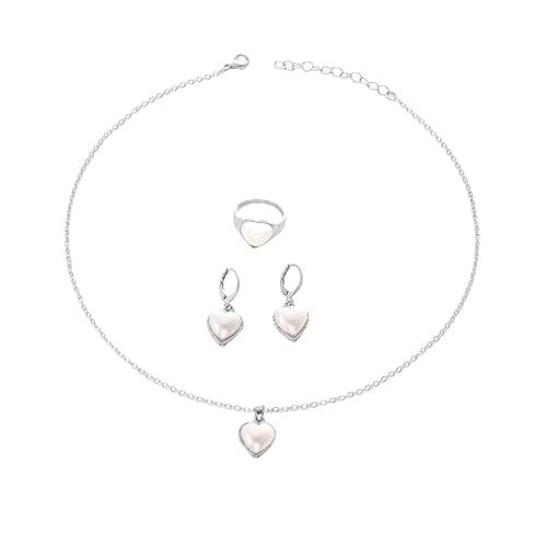 FDEETY 3 Stück Herzförmiger Schmuckset Perlmutt Halskette Ohrringe Ring Damen Schmuck Elegante Juwelenkollektion Hochzeitsschmuck von FDEETY