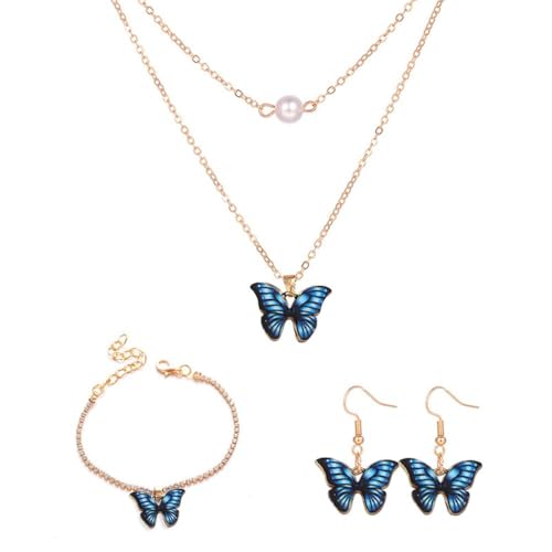 FDEETY 4 Stück Schmetterling Schmuckset Damen Halskette Ohrringe Armband Perle Anhänger Mehrschichtige Kette Schmetterlingsmuster Juwelenkollektion Damenschmuck von FDEETY