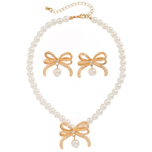 FDEETY Schleife Schmuckset Perlenkette Ohrringe Damen Schmuck Elegante Halskette Perlen Anhänger Klassisch Brautschmuck von FDEETY