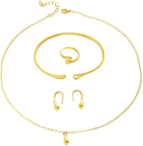 FDEETY 4 Stück Schmuckset Tropfenform Goldoptik Halskette Armreif Ohrringe Ring Damen Schmuck von FDEETY