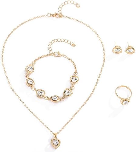 4PCS Schmuckset Anhänger Zirkonia Halskette Ohrringe Herz Armband und Ringe Schmuck Set für Freundin Weihnachten Valentinstag Muttertags für Damen Mädchen von FDEETY