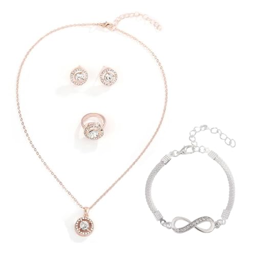 FDEETY 4 Stück Schmuckset Rund Kristall Anhänger Halskette Ohrringe Ring Infinity Armband Damen Schmuck Klassisch Elegant Zeitlos von FDEETY
