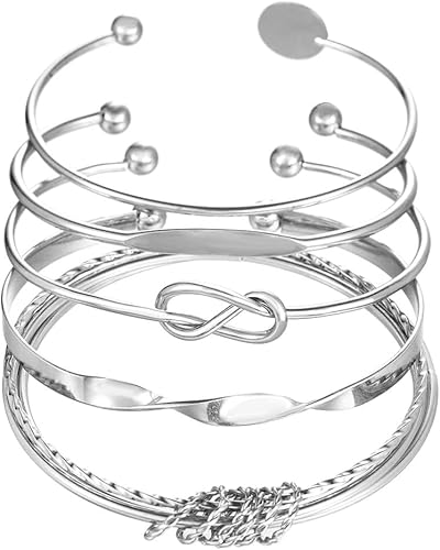 FDEETY 5 Stück Armbänder Set Damen Mehrlagiges Stapelbares Armband Armreif Knoten Kreis Ring Öffnen Geometrisch Armbandset Mode Schmuck Geschenk für Mädchen Frauen (Silber) von FDEETY