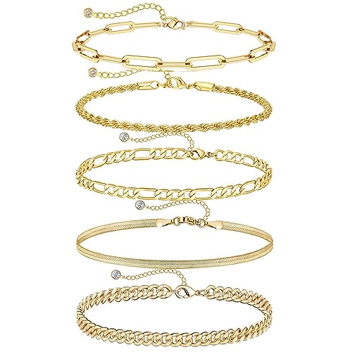 FDEETY 5 Stück Armbander Damen Vergoldet Armkette Twist Figaro Kettenarmbänder Verstellbar Modeschmuck Armbander Set Gliederschmuck für Frauen (Type-C) von FDEETY