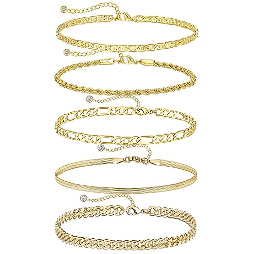 FDEETY 5 Stück Armbander Damen Vergoldet Armkette Twist Figaro Kettenarmbänder Verstellbar Modeschmuck Armbander Set Gliederschmuck für Frauen (Type-D) von FDEETY