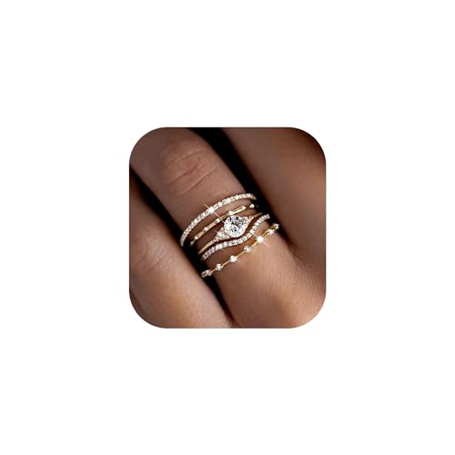 FDEETY 5 Stück Elegante Zirkonia Ringe Set Stapelbar Schmuck Damenringe 14k Goldplattiert Kristall Schmuckset Minimalistisch Zart Hochzeitsringe von FDEETY