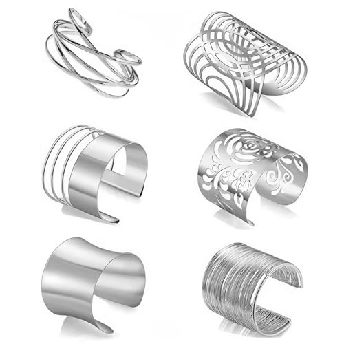 FDEETY Armband Schmuck 6 Stück Legierung Vergoldet Minimalistisch Armbinde Oberarmreif Hochzeits Armreif ideal für Partys, Festivals und punkige Outfits（Silber） von FDEETY