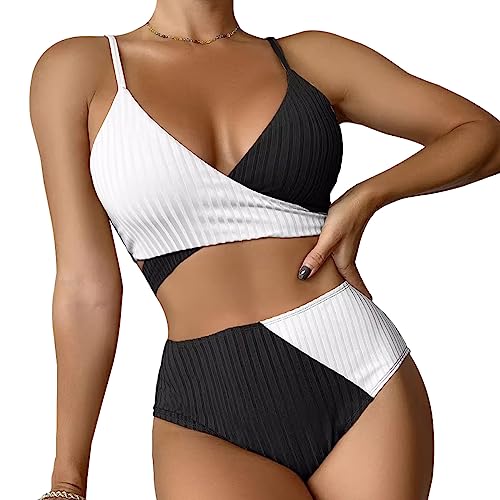 FDEETY Bikini Damen Set Farbblock Verstellbar Crossover Ties-up Push Up Neckholder Bikini Oberteil Sexy Triangel High Waist Bottom Bikini Zweiteiliger Badeanzug(Schwarz/S) von FDEETY