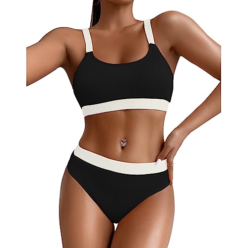 FDEETY Bikini Damen Set U Ausschnitt Farbblock Bauch Weg Badenmode Sport High Waist frechem Unterteil Swimsuit Strandkleidung Sexy Badeanzüge Zweiteiler(Schwarz/M) von FDEETY