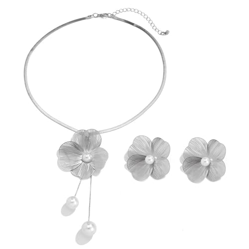 FDEETY Blumen Schmuckset Halskette Ohrringe Perlen Anhänger Damen Schmuck Elegante Blüten Accessoires Hochzeit Schmuckkollektion von FDEETY