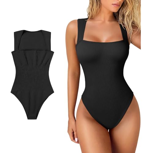 FDEETY Damen Body Ärmellos Quadratischer Ausschnitt Bodysuits Gerippter Stoff Shapewear Elegant Unterziehbody Figurbetont Tanga Bodysuit Stretch Tops Basictop Alltagskleidung von FDEETY
