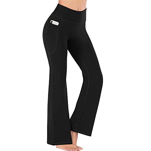 FDEETY Bootcut Yoga-Hose, hoch taillierte Stretch-Workout-Schlaghose, Sporthose mit Bauchkontrolle und Taschen (L) von FDEETY