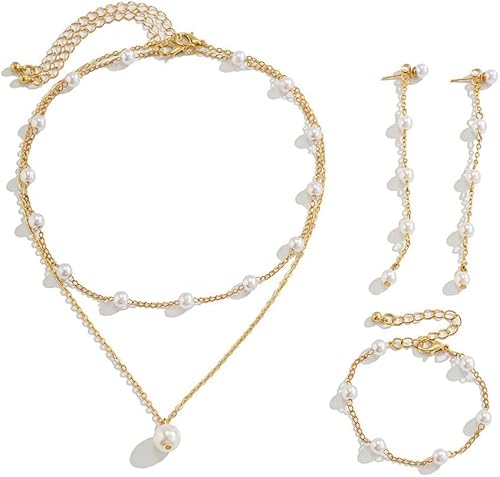 FDEETY Braut Schmuckset für Damen Perle Halskette Ohrringe Set Perlenarmband Perlenohrringe Gold Hochzeit Schmuck Set für Frauen Brautschmuck Set Perlenschmuck Set von FDEETY